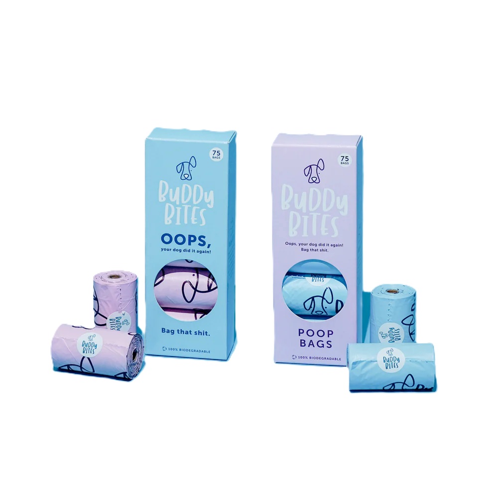 Buddy Bites Biodegradable Poop Bags Blue Bag - Purple Box