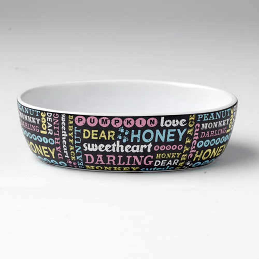 Petrageous Designs Pet Names 6.75" Oval Bowl, Dark Gray Multi 2 cups